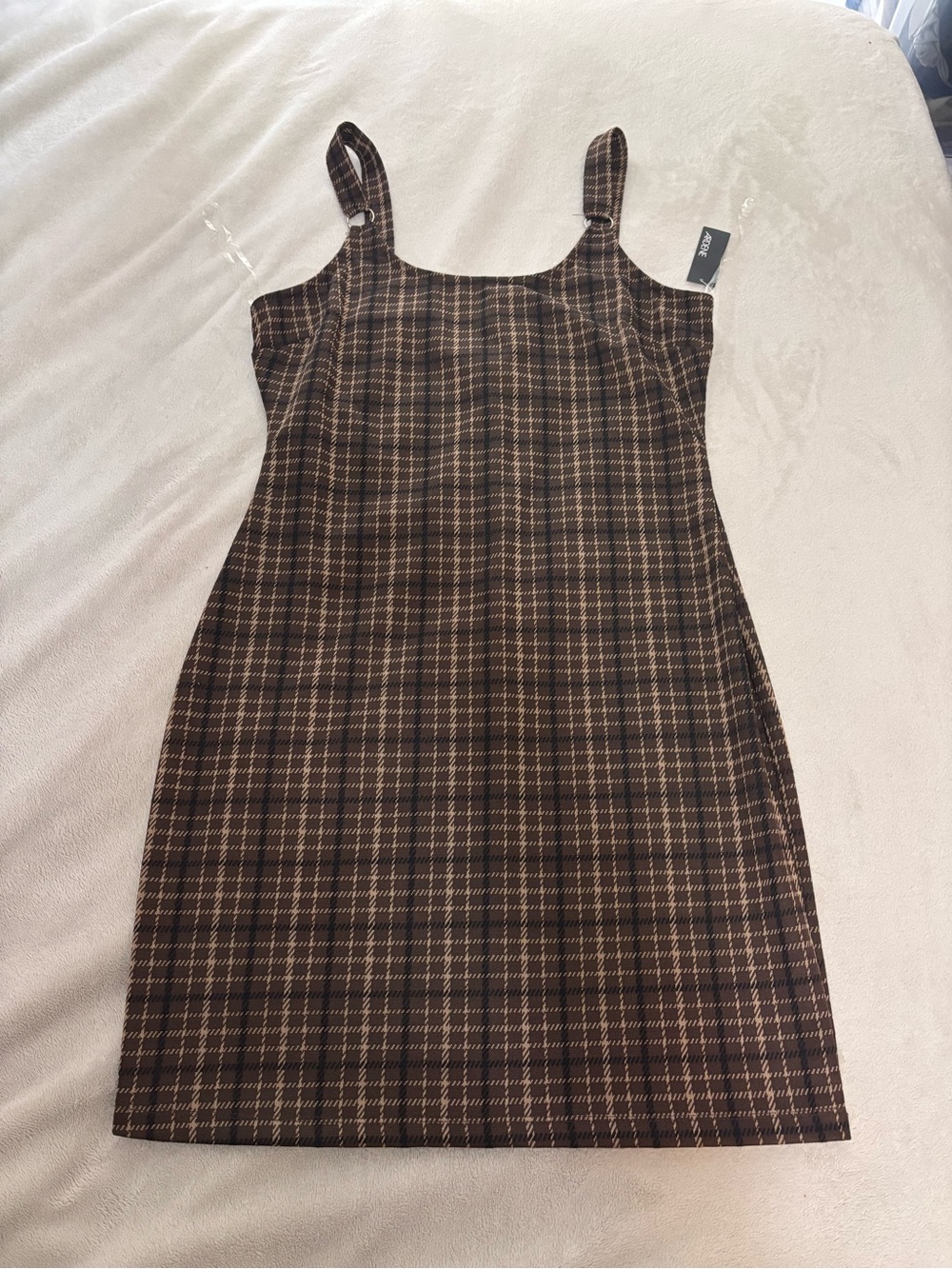 Plaid Brown & Tan Square Neck Mini Dress